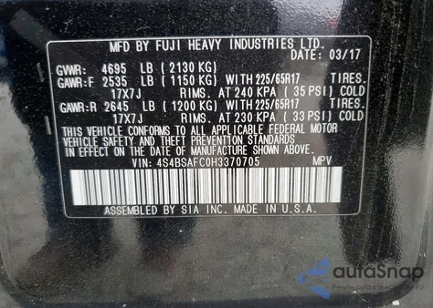 2017 Subaru Outback 2.5I Premium z USA, uszkodzony, nr VIN 4S4BSAFC0H3370705